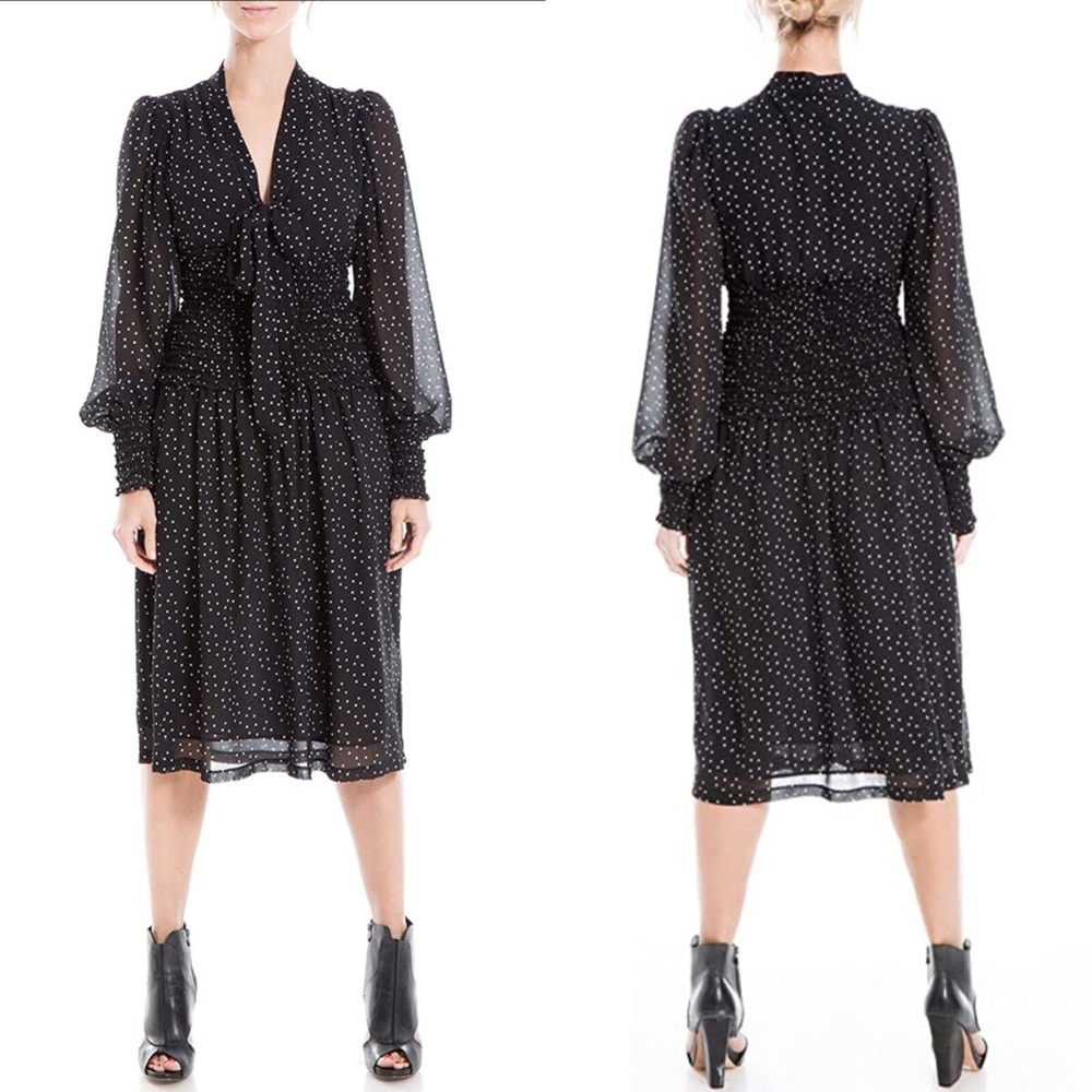 MAX STUDIO Black CHIFFON Smocked Waist POLKA DOT Neck Tie MIDI DRESS